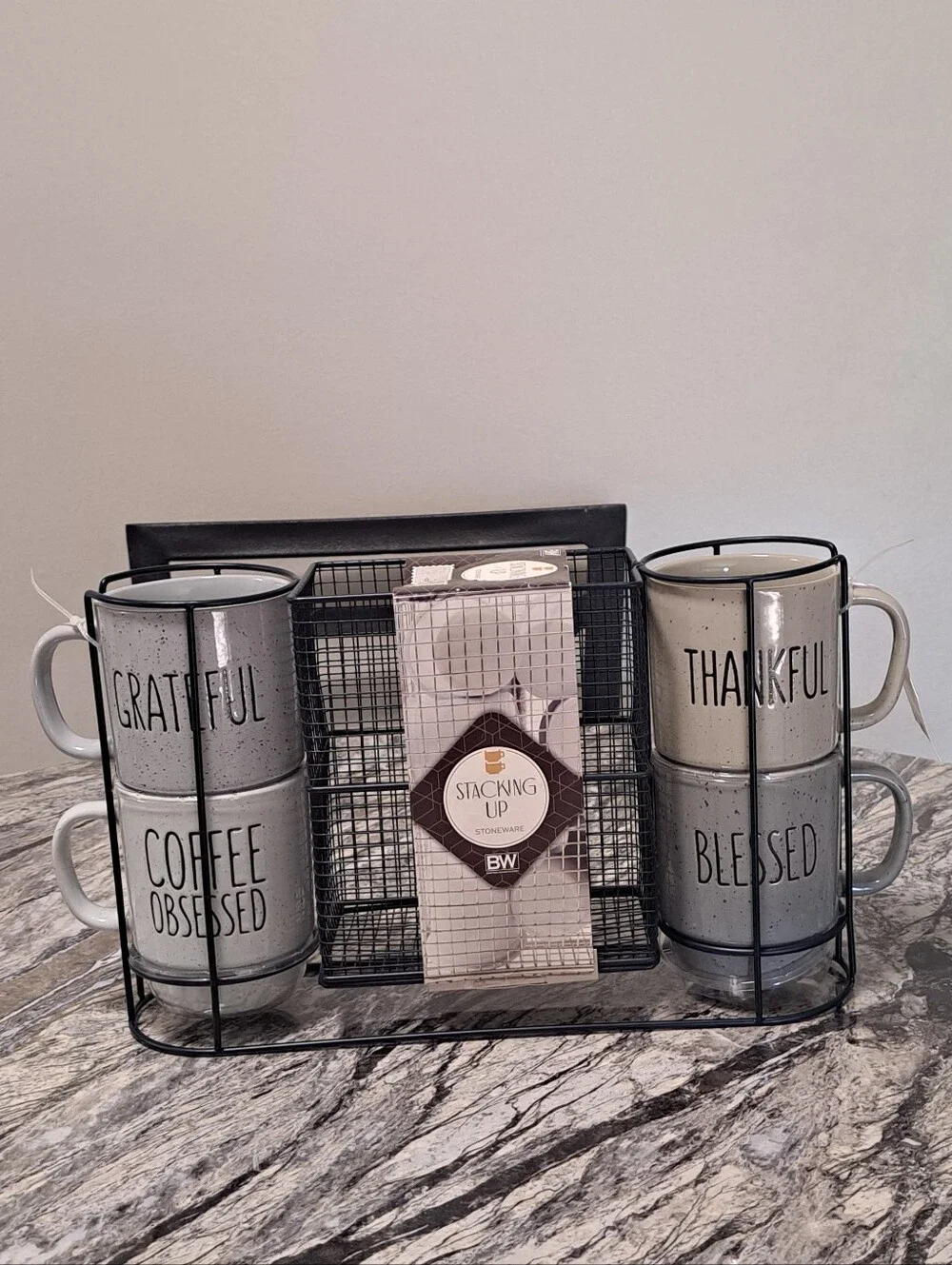 Stacking Ceramic Coffee Mug Set with Metal Carrier